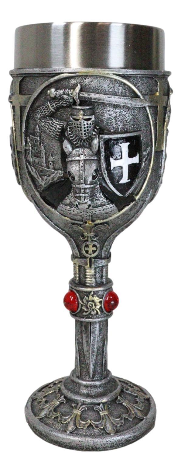 ebros gift Medieval Templar Crusader Dark Knight Suit of Armor On Horse Wine Goblet Chalice