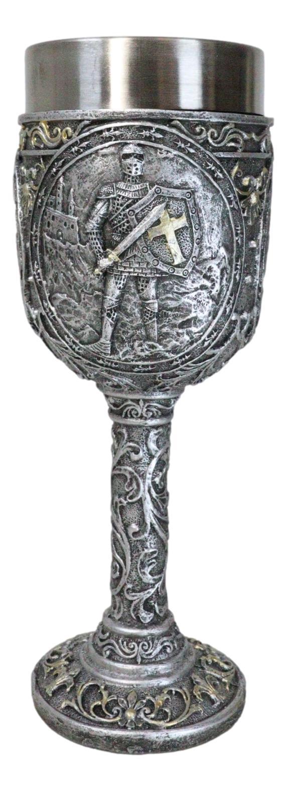 ebros gift Medieval Templar Crusader Knight Suit of Armor On Guard Wine Goblet Chalice