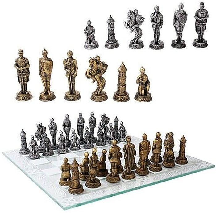 Ebros Gift Medieval Warfare Age Of Knights & Kings Resin Chess Pieces With Glass Board Set
