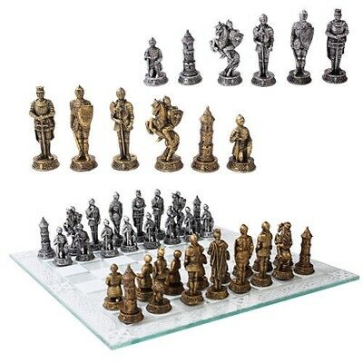 ebros gift Medieval Warfare Age Of Knights & Kings Resin Chess Pieces With Glass Board Set