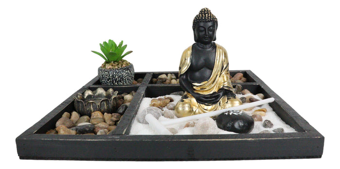 Ebros Gift Meditating Buddha Zen Garden Kit With Lotus Candle Holders Sand Rake Succulents