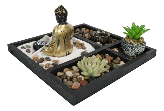 Ebros Gift Meditating Buddha Zen Garden Kit With Lotus Candle Holders Sand Rake Succulents