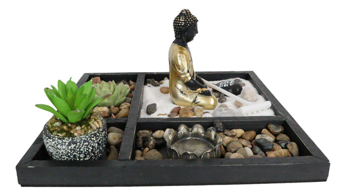 Ebros Gift Meditating Buddha Zen Garden Kit With Lotus Candle Holders Sand Rake Succulents