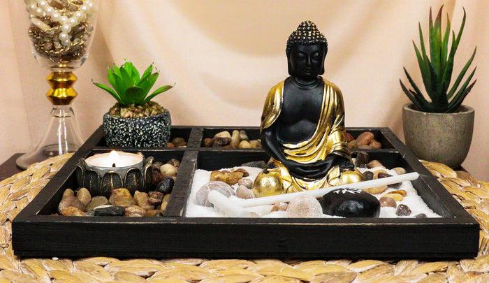 ebros gift Meditating Buddha Zen Garden Kit With Lotus Candle Holders Sand Rake Succulents
