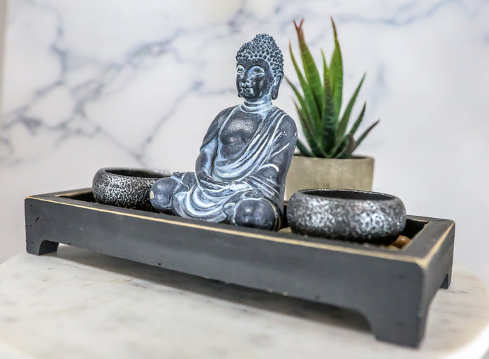 Ebros Gift Meditating Gautama Buddha Zen Garden Kit With Pebbles And Candle Holder Barrels
