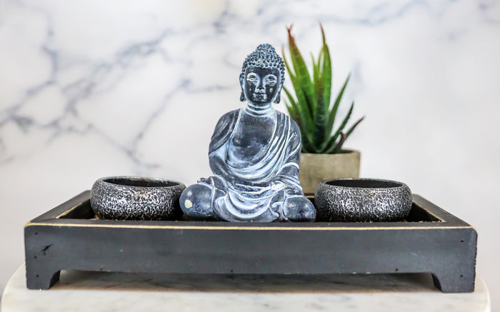 ebros gift Meditating Gautama Buddha Zen Garden Kit With Pebbles And Candle Holder Barrels