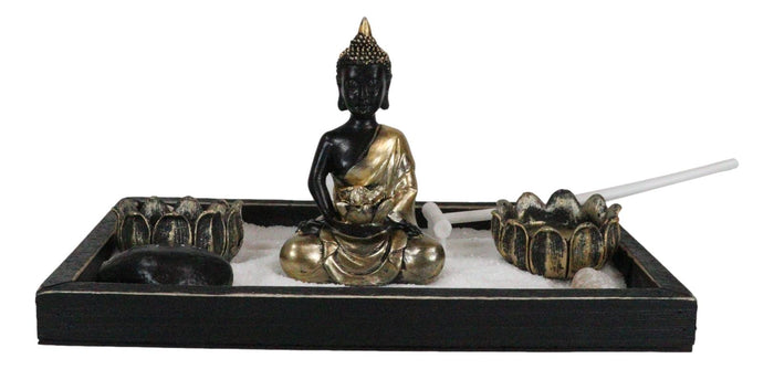 Ebros Gift Meditating Gold Robe Buddha Zen Garden Kit With Lotus Candle Holders Sand Rake