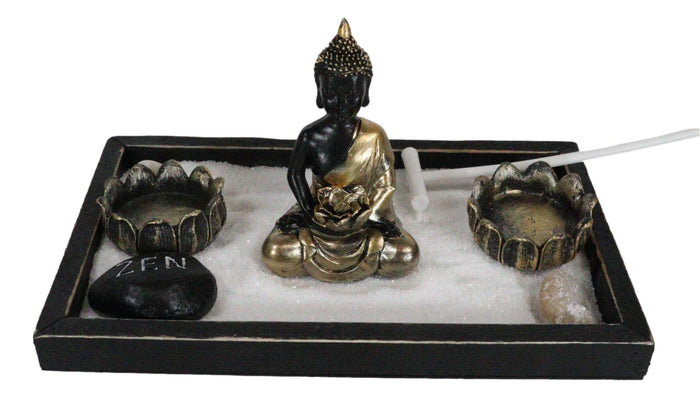 Ebros Gift Meditating Gold Robe Buddha Zen Garden Kit With Lotus Candle Holders Sand Rake