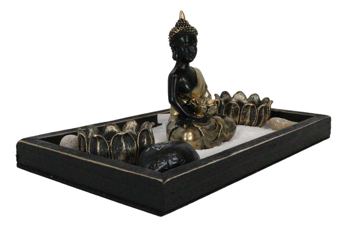 Ebros Gift Meditating Gold Robe Buddha Zen Garden Kit With Lotus Candle Holders Sand Rake
