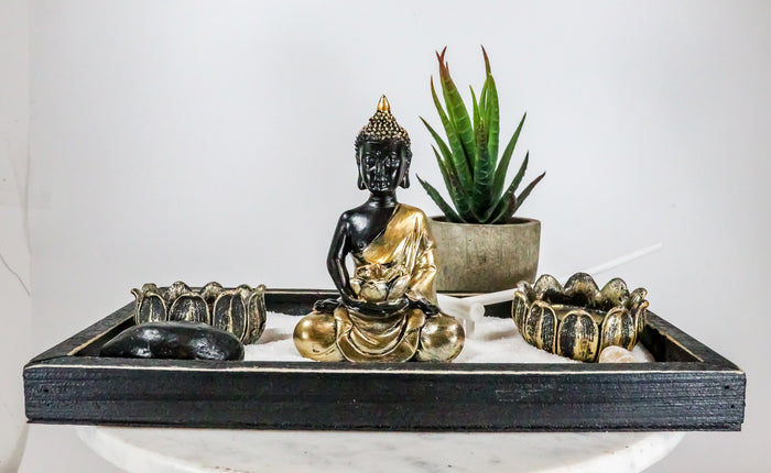 ebros gift Meditating Gold Robe Buddha Zen Garden Kit With Lotus Candle Holders Sand Rake