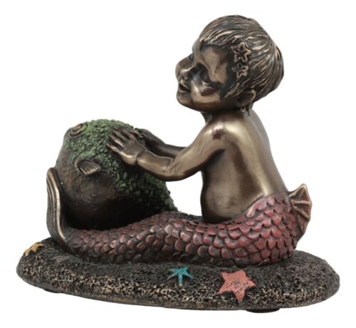 Ebros Gift Merbaby Boy Playing With Blowfish And Starfish Figurine 3.75"L Nautical Mermaid