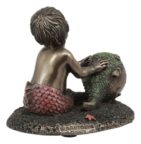 Ebros Gift Merbaby Boy Playing With Blowfish And Starfish Figurine 3.75"L Nautical Mermaid
