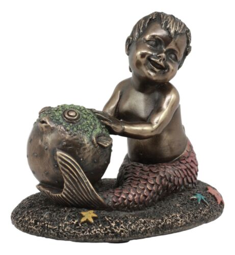 Ebros Gift Merbaby Boy Playing With Blowfish And Starfish Figurine 3.75"L Nautical Mermaid