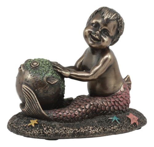 ebros gift Merbaby Boy Playing With Blowfish And Starfish Figurine 3.75"L Nautical Mermaid