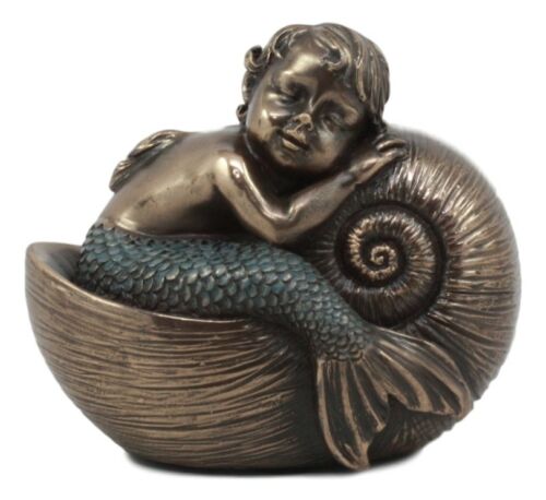 Ebros Gift Merbaby Sleeping In Nautilus Shell Bed Figurine 3.5" Long Small Mermaid Baby Boy