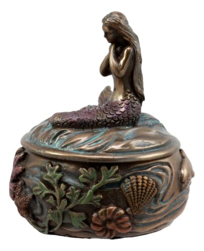 Ebros Gift Mermaid Tefiti Praying Round Jewelry Box Figurine Small Nautical Starfish Coral