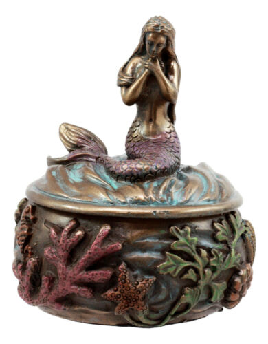 Ebros Gift Mermaid Tefiti Praying Round Jewelry Box Figurine Small Nautical Starfish Coral