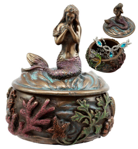 ebros gift Mermaid Tefiti Praying Round Jewelry Box Figurine Small Nautical Starfish Coral