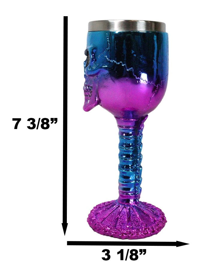 Ebros Gift Metallic Blue And Pink Plated Skull With Skeleton Spine And Bones Wine Goblet