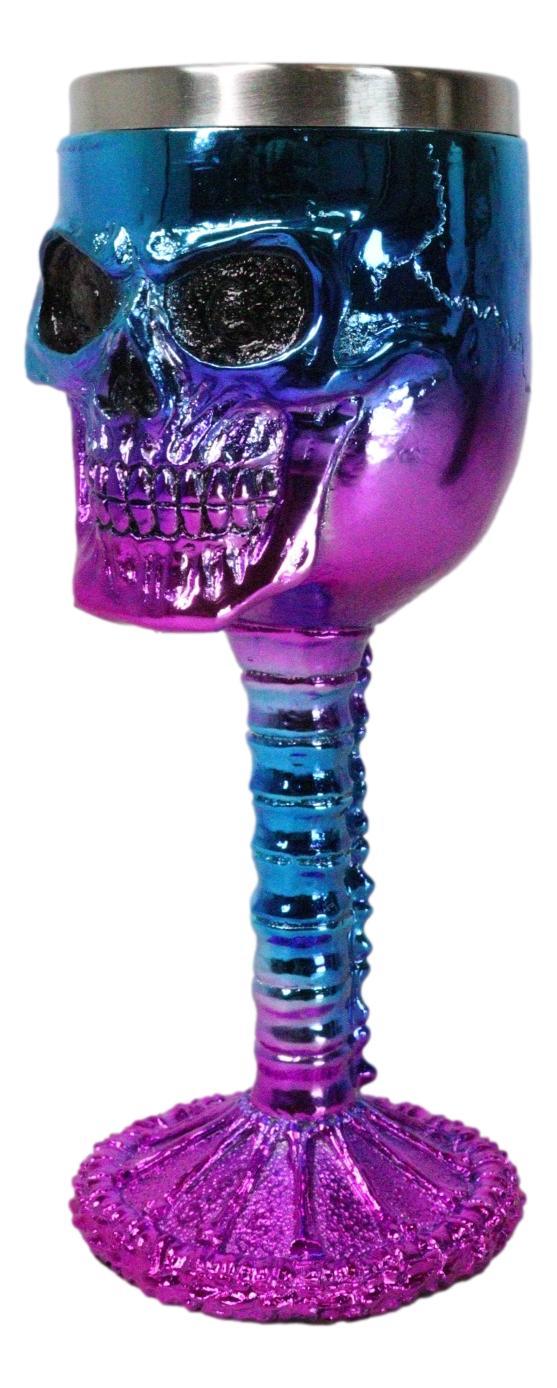 Ebros Gift Metallic Blue And Pink Plated Skull With Skeleton Spine And Bones Wine Goblet