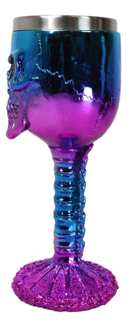 Ebros Gift Metallic Blue And Pink Plated Skull With Skeleton Spine And Bones Wine Goblet