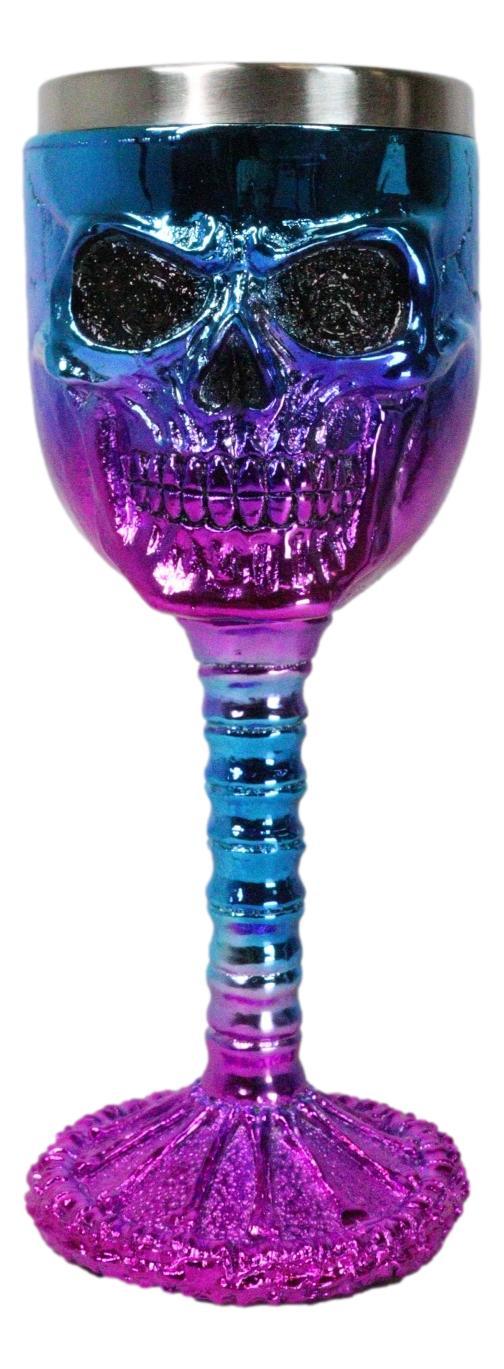 ebros gift Metallic Blue And Pink Plated Skull With Skeleton Spine And Bones Wine Goblet