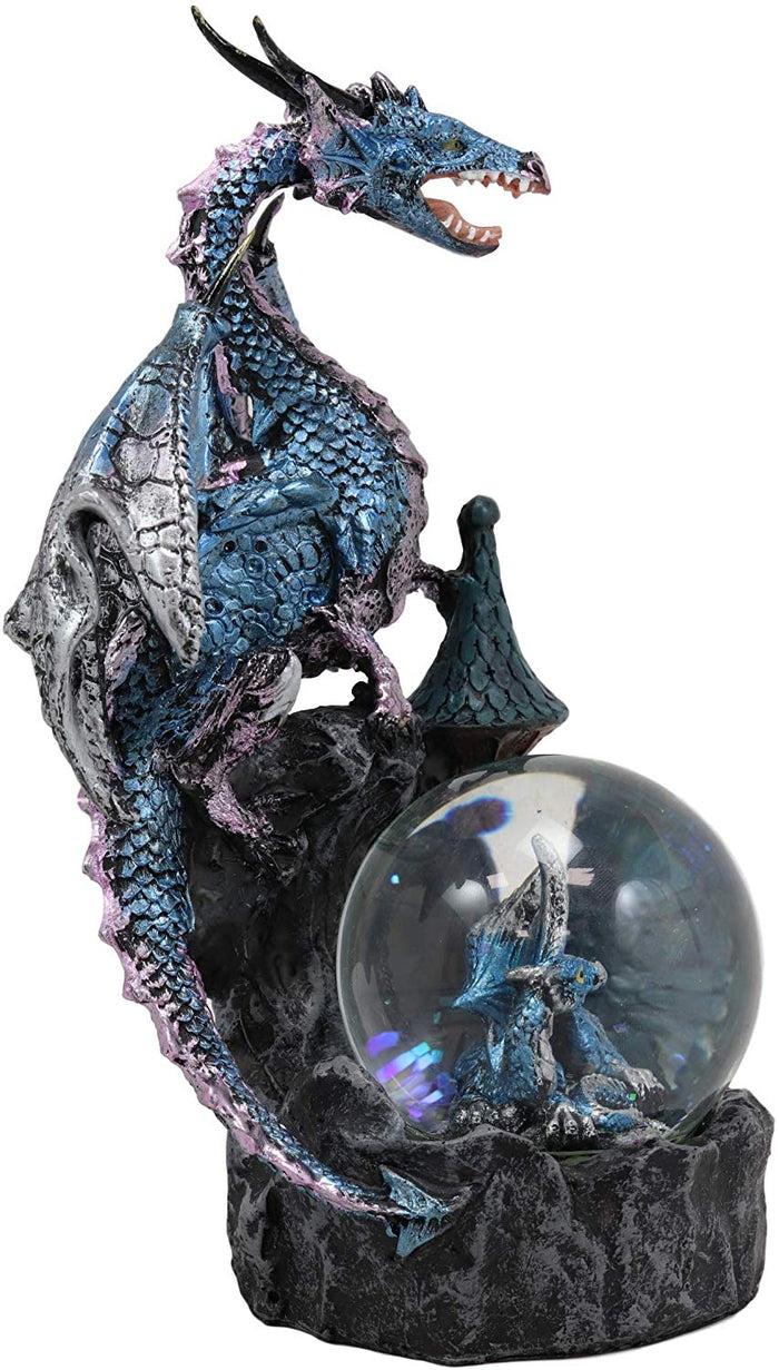 Ebros Gift Metallic Blue Dragon On Cliff Rocks Castle With A Wyrmling Water Globe Statue