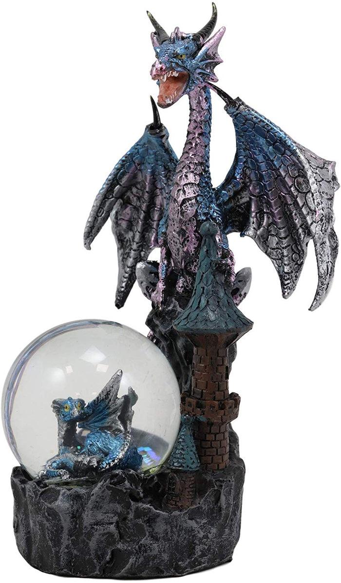 Ebros Gift Metallic Blue Dragon On Cliff Rocks Castle With A Wyrmling Water Globe Statue