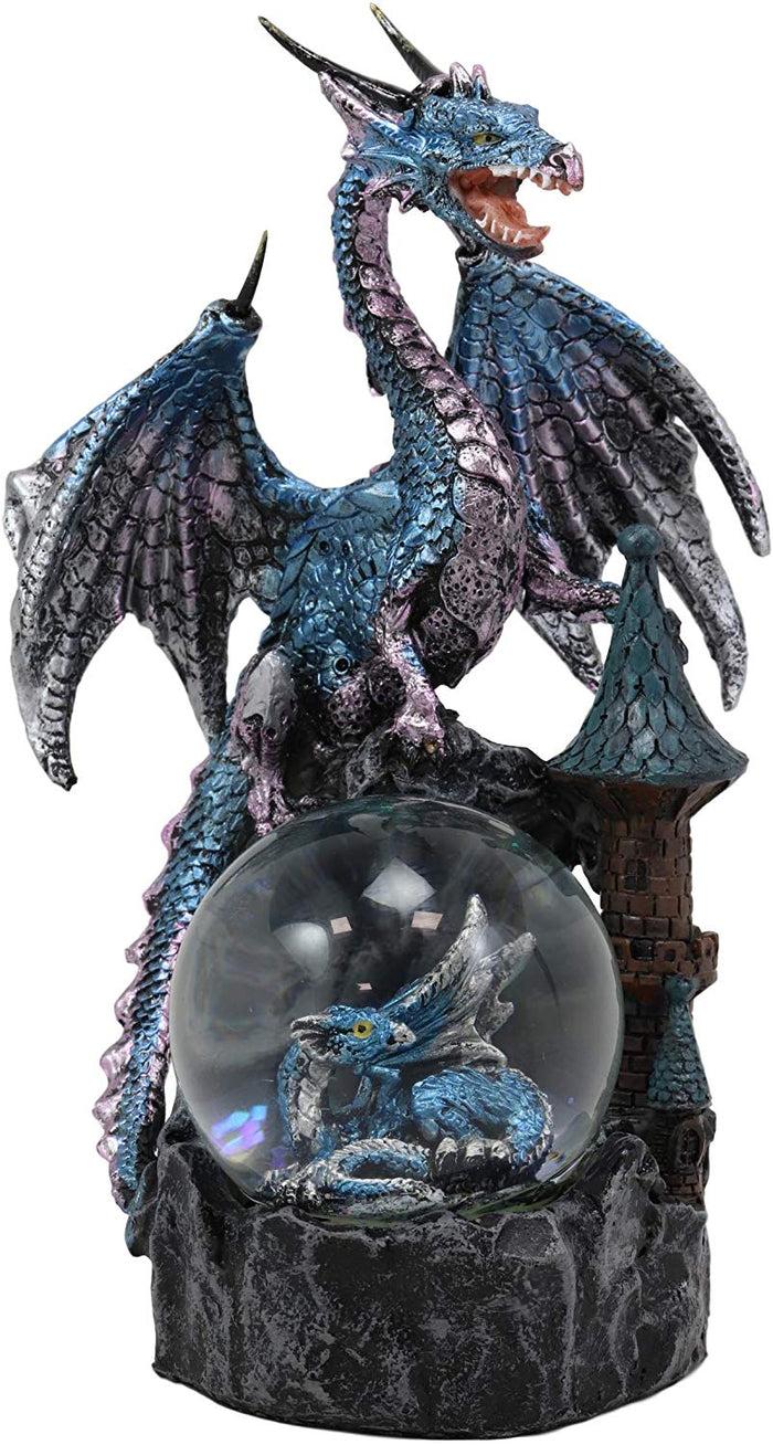 ebros gift Metallic Blue Dragon On Cliff Rocks Castle With A Wyrmling Water Globe Statue