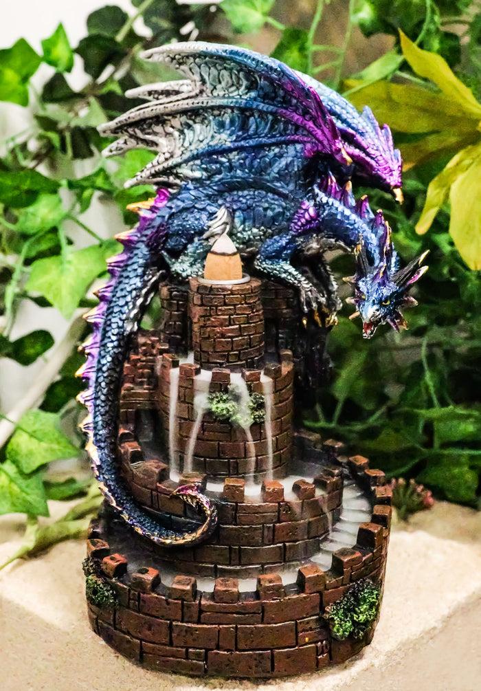 ebros gift Metallic Blue Dragon On Spiral Steps Castle Tower Backflow Incense Cone Burner