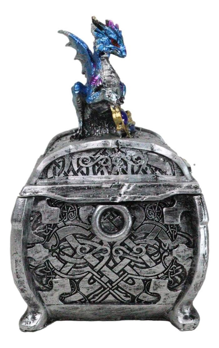 Ebros Gift Metallic Blue Ocean Dragon Holding Rune Key On Treasure Chest Trinket Box