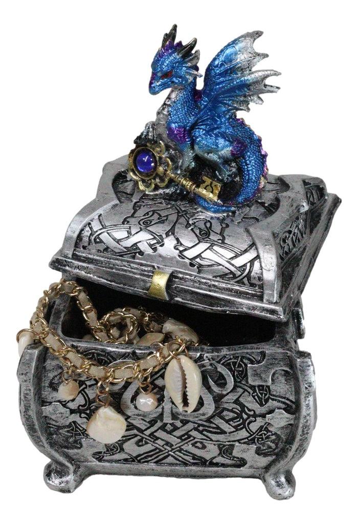 Ebros Gift Metallic Blue Ocean Dragon Holding Rune Key On Treasure Chest Trinket Box