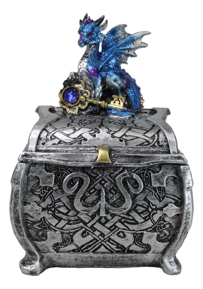 ebros gift Metallic Blue Ocean Dragon Holding Rune Key On Treasure Chest Trinket Box