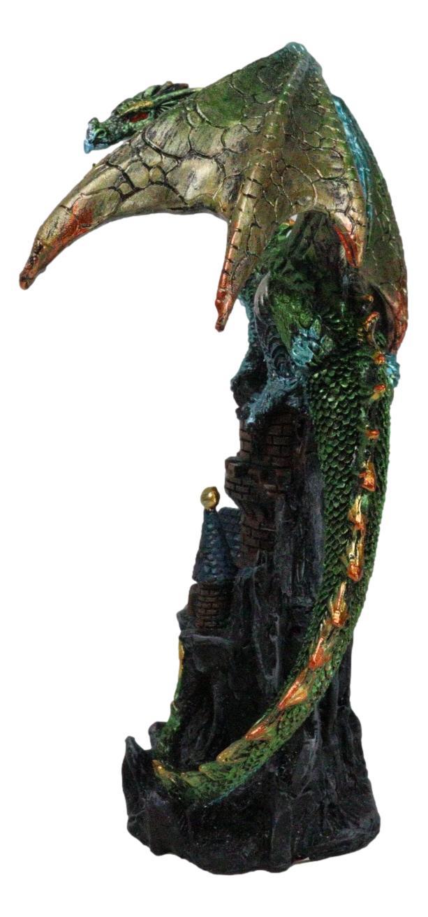 Ebros Gift Metallic Green Dragon Perching On Rocky Mountain Stonewall Castle Tower Figurine