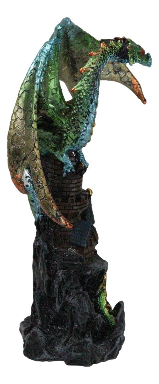 Ebros Gift Metallic Green Dragon Perching On Rocky Mountain Stonewall Castle Tower Figurine