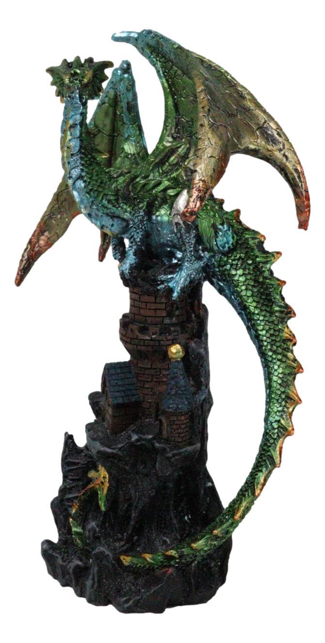 Ebros Gift Metallic Green Dragon Perching On Rocky Mountain Stonewall Castle Tower Figurine
