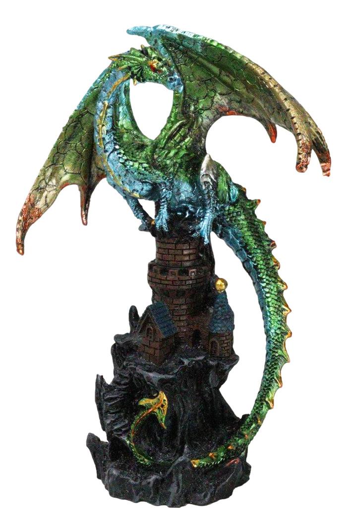 ebros gift Metallic Green Dragon Perching On Rocky Mountain Stonewall Castle Tower Figurine