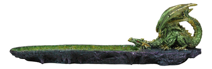 Ebros Gift Metallic Green Gold Dragon Crouching On Faux Crystal Geode Basin Incense Holder