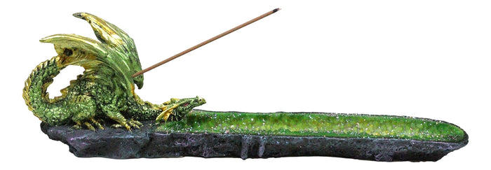 ebros gift Metallic Green Gold Dragon Crouching On Faux Crystal Geode Basin Incense Holder