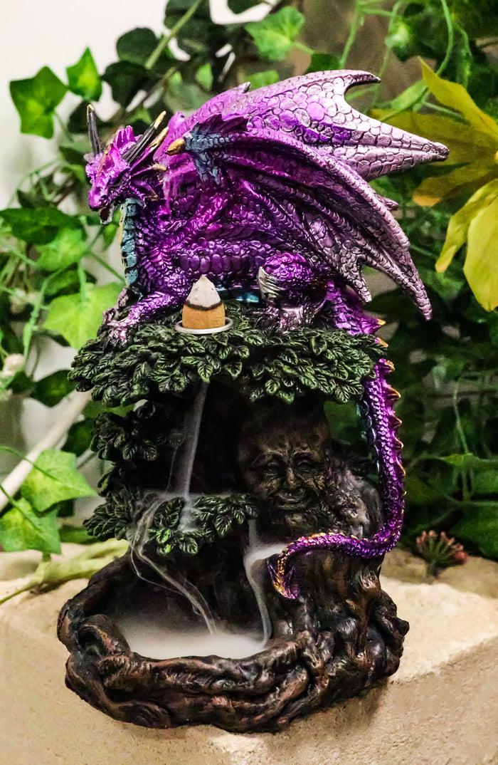 ebros gift Metallic Purple Dragon On Greenman Tree Canopy Backflow Incense Cone Burner