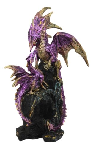 Ebros Gift Metallic Purple Mother Dragon With Baby Family Statue 10.5"H Fantasy Home Decor