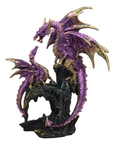 Ebros Gift Metallic Purple Mother Dragon With Baby Family Statue 10.5"H Fantasy Home Decor