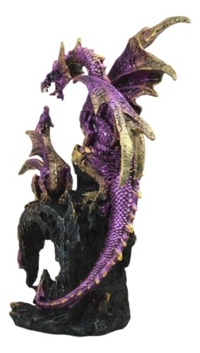 Ebros Gift Metallic Purple Mother Dragon With Baby Family Statue 10.5"H Fantasy Home Decor