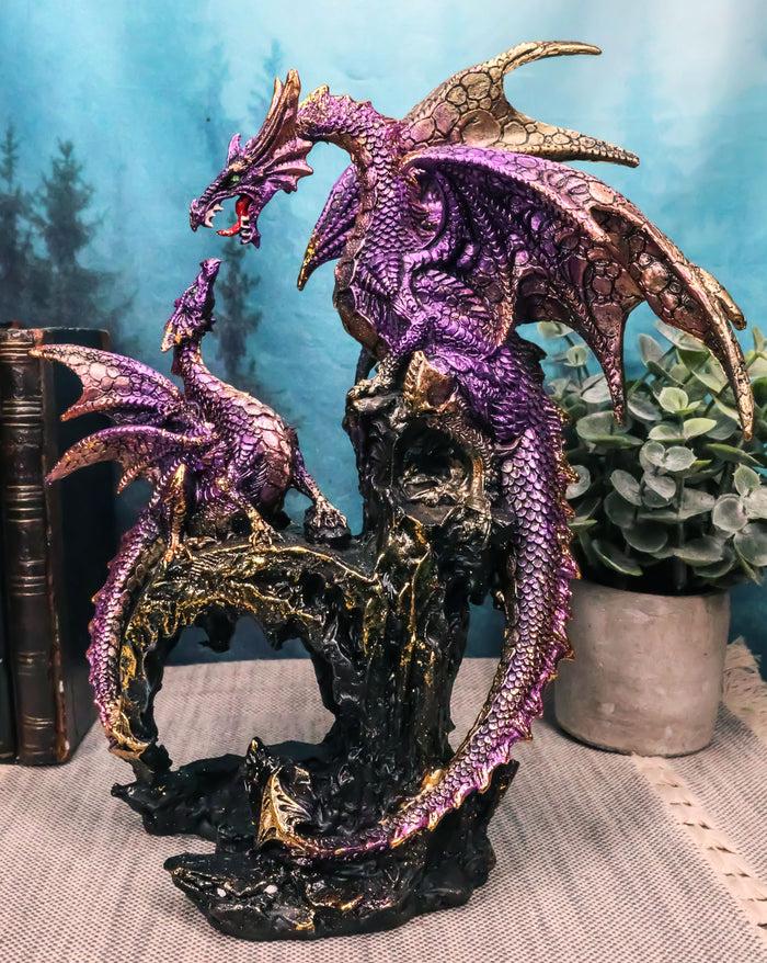 ebros gift Metallic Purple Mother Dragon With Baby Family Statue 10.5"H Fantasy Home Decor