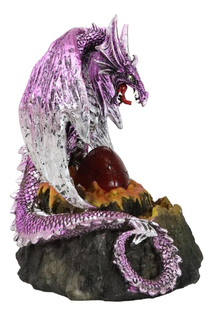 Ebros Gift Metallic Purple Silver Volcano Dragon Mother Guarding LED Lighted Egg Figurine