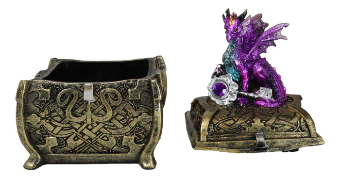 Ebros Gift Metallic Purple Twilight Dragon Holding Rune Key On Treasure Chest Trinket Box