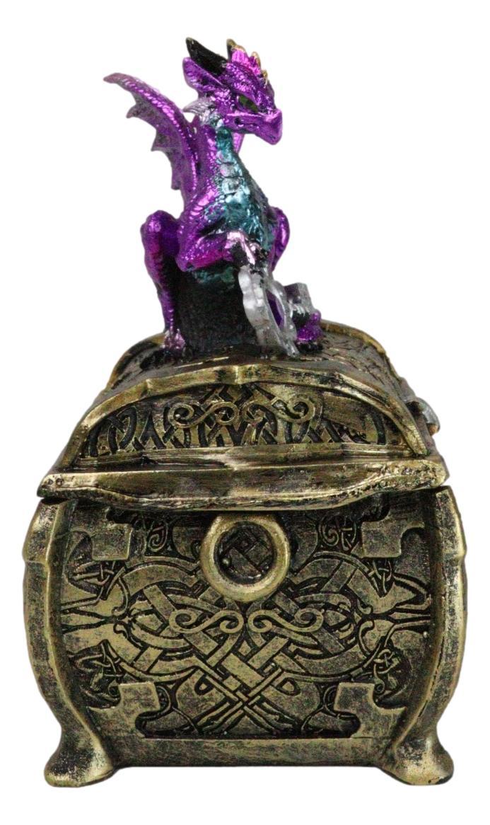 Ebros Gift Metallic Purple Twilight Dragon Holding Rune Key On Treasure Chest Trinket Box