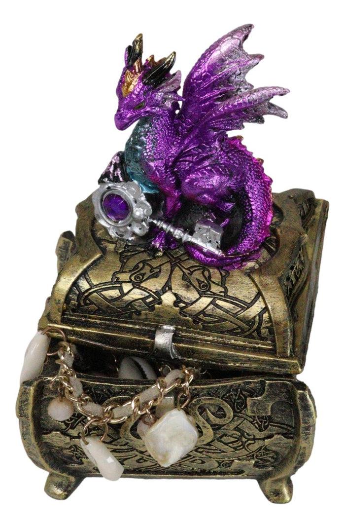 Ebros Gift Metallic Purple Twilight Dragon Holding Rune Key On Treasure Chest Trinket Box