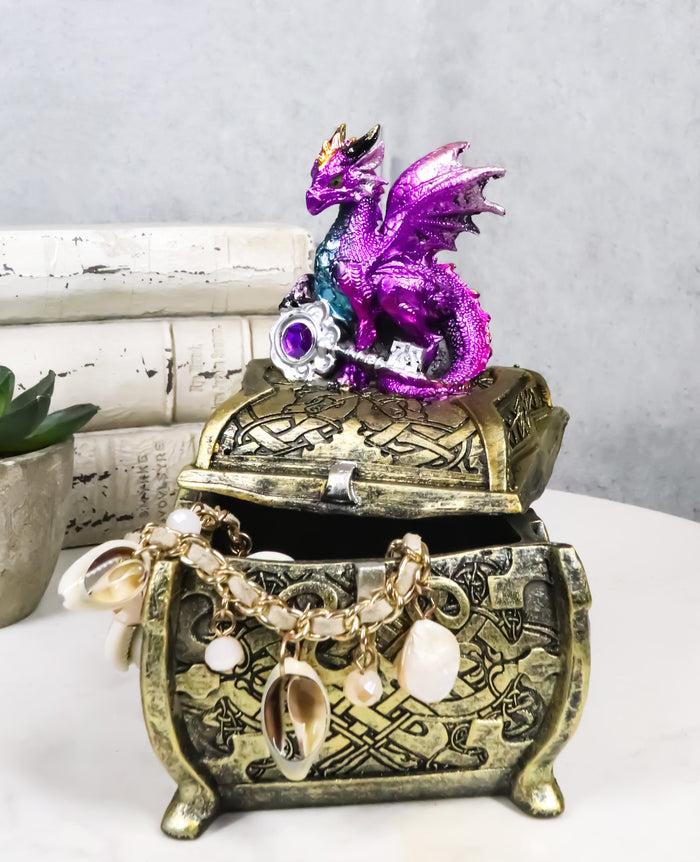 ebros gift Metallic Purple Twilight Dragon Holding Rune Key On Treasure Chest Trinket Box