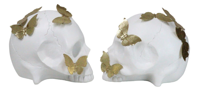 Ebros Gift Metamorphosis Golden Butterflies On White Skull Halves Figurine Bookends Set